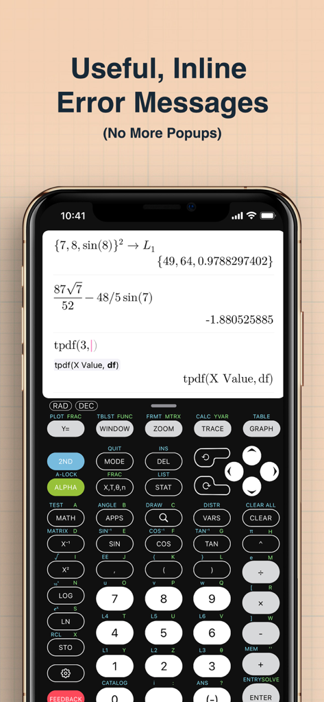 Calculate84 - Interfaz de la aplicación Calculate84 mostrando mensajes de error en línea y sugerencias de funciones en la pantalla de un smartphone.