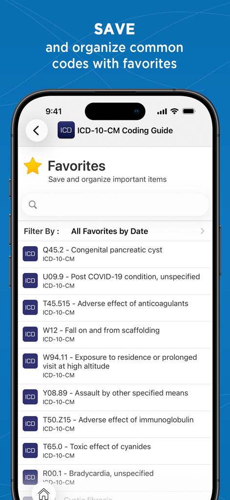 ICD 10 Coding Guide – Unbound - Pantalla de favoritos en la aplicación Guía de codificación CIE-10 que muestra una lista de códigos médicos guardados.