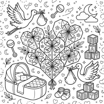 Get ready to celebrate new life with this heartwarming coloring page, featuring beautiful origami hearts and classic baby shower symbols. Adorn storks, cradles, and baby blocks with your favorite colors for a truly special keepsake.