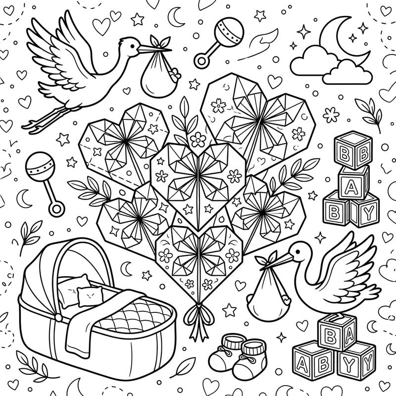 Get ready to celebrate new life with this heartwarming coloring page, featuring beautiful origami hearts and classic baby shower symbols. Adorn storks, cradles, and baby blocks with your favorite colors for a truly special keepsake.