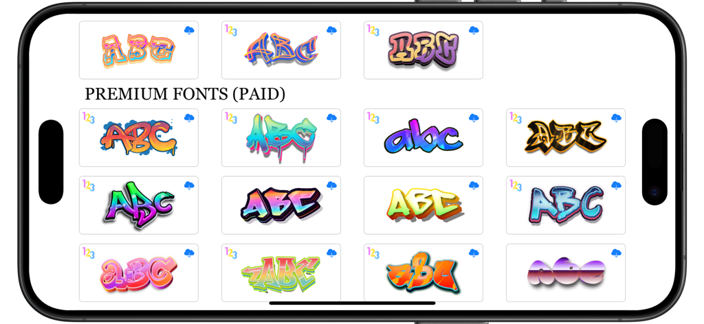 Graffiti Creator - AI Design - A library of premium graffiti fonts with various colorful urban and street art styles in the Graffiti Creator app.