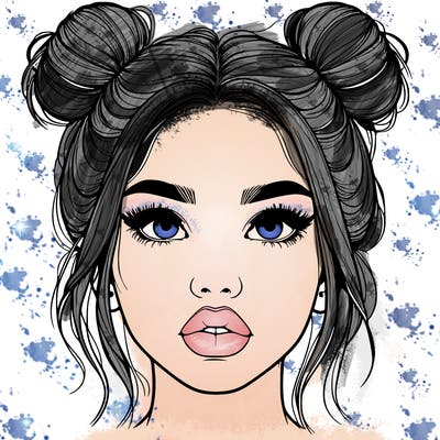 realistic girl with two buns on her hair and lips