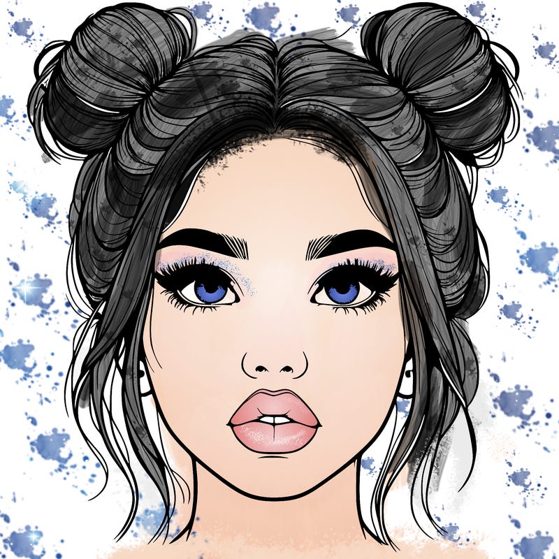 realistic girl with two buns on her hair and lips
