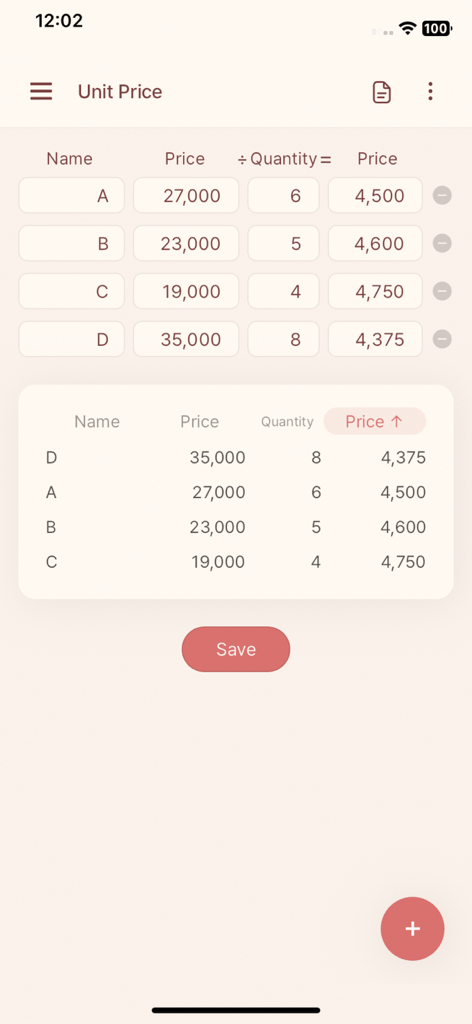 CalcBox -All in One Calculator - Interface of the CalcBox unit price calculator comparing prices and quantities of different items