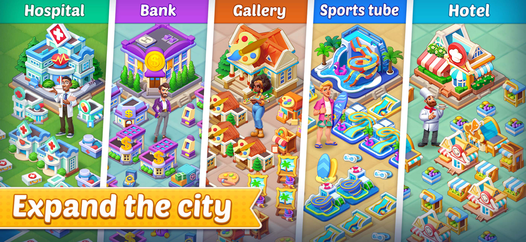 A showcase of unlockable buildings like a hospital, bank, gallery, and hotel in Seaside Hearts.