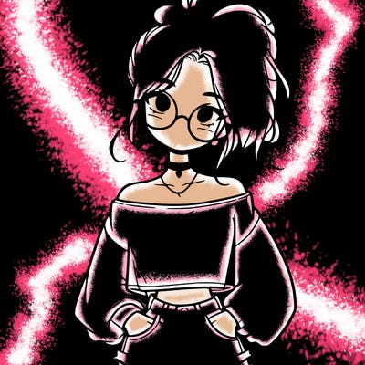 girl with a messy ponytail glasses a baggy crop top and jean shorts