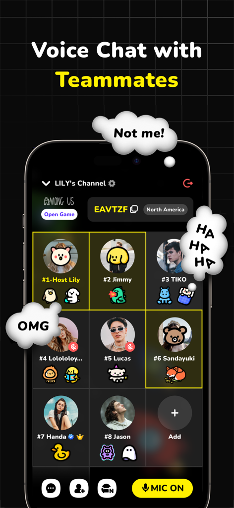 CastChat - Voice Chat & Match - Pantalla móvil de la aplicación CastChat que muestra un lobby de chat de voz grupal con compañeros de equipo para Among Us con perfiles y avatares de usuario
