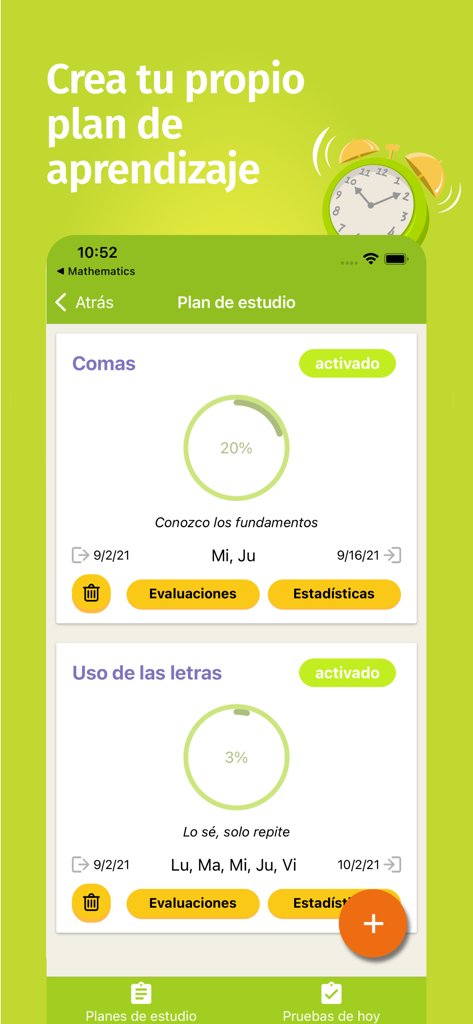 Interfaz de plan de estudio personalizado en la aplicación Ortografía Española que muestra el seguimiento del progreso de las reglas de puntuación y ortografía en español.