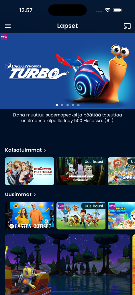 The kids section of the Ruutu streaming app showing Finnish children programs