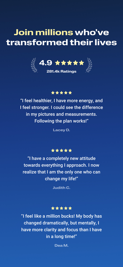 Témoignages d'utilisateurs et note de 4,9 étoiles pour l'application de fitness BODi montrant la satisfaction des clients et les transformations de vie.