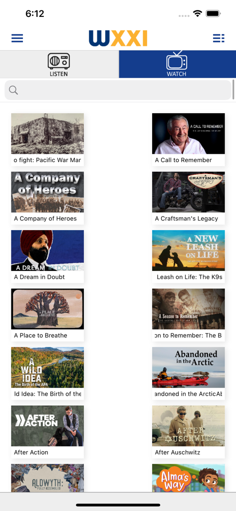 WXXI Public Media App - A screen showing a grid of video documentaries and on-demand programs available in the WXXI Public Media App.
