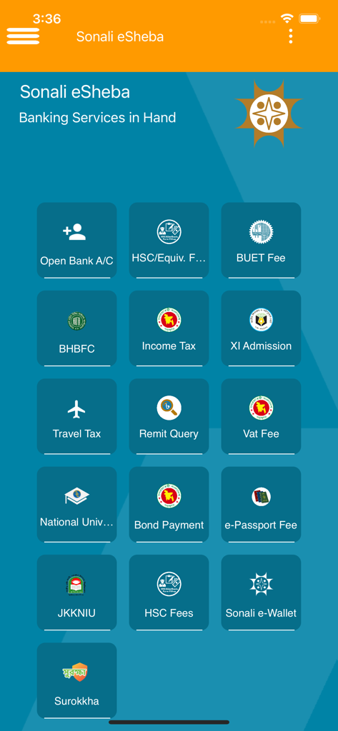 Startbildschirm der Sonali eSheba App, der Symbole für Bank- und Behördendienstzahlungen anzeigt.