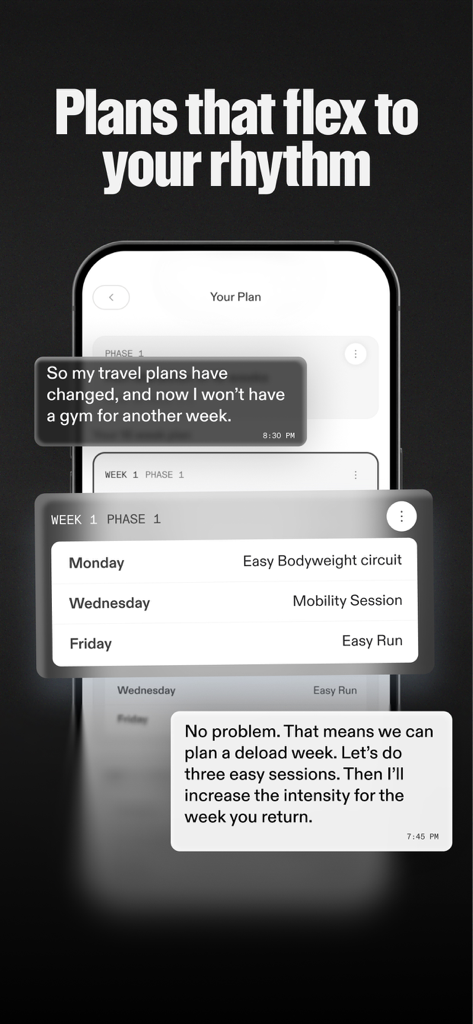 Flourish: Health & Fitness AI - Flourish AI adjusting a workout schedule based on user travel plans.