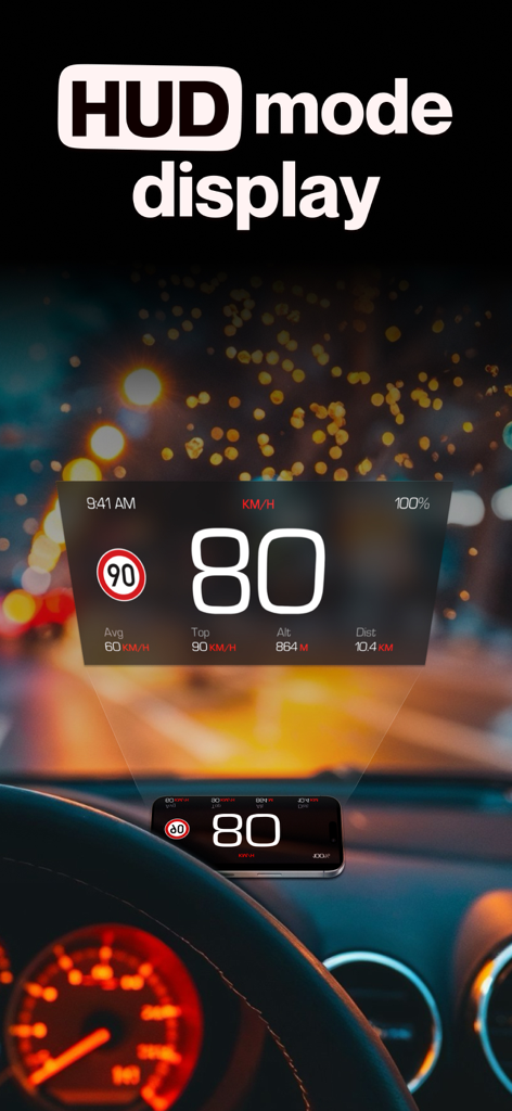GPS Speedometer MPH Tracker - Una aplicación de smartphone en modo HUD proyectando datos de velocidad y límite de velocidad en el parabrisas de un coche por la noche
