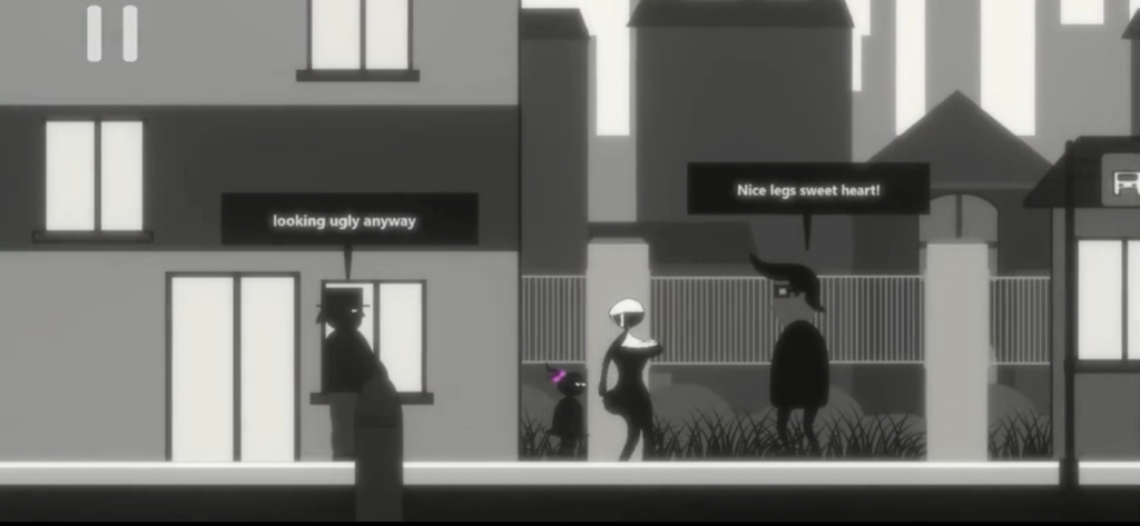 Virago: Herstory - A grayscale screenshot from the game Virago: Herstory showing the protagonist Willow being catcalled by silhouetted male characters on a city street.