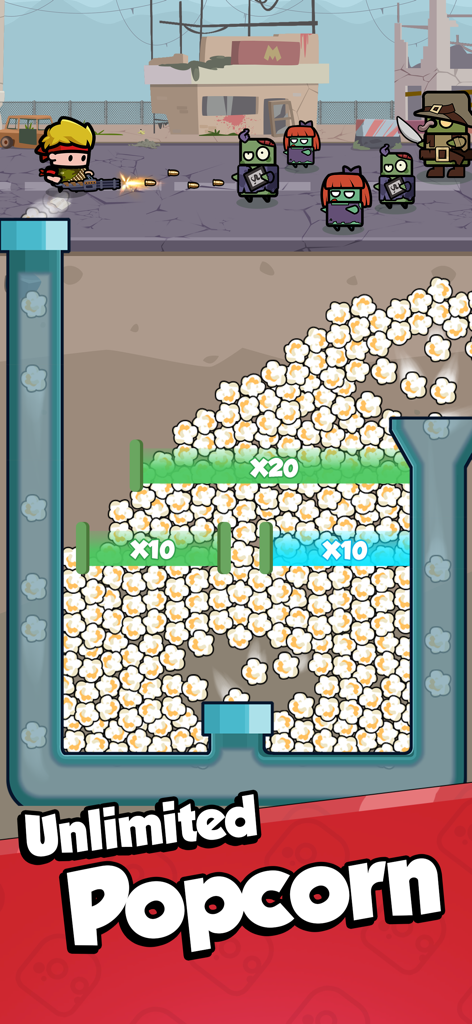 Popcorn Legend - A hero character shooting zombies while popcorn multiplies through x10 and x20 gates in the Popcorn Legend game.