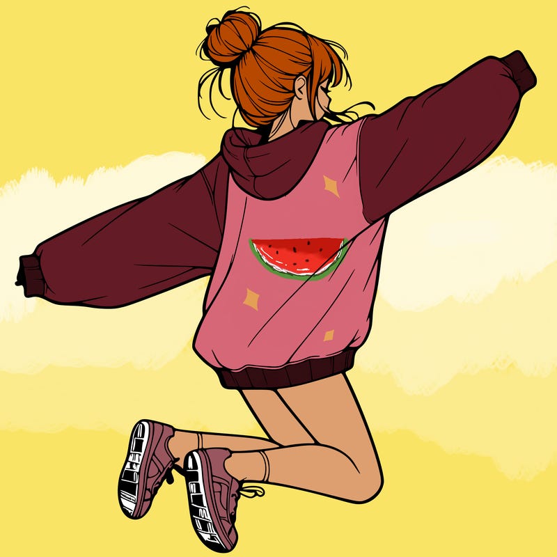 realistic girl jumping with a bun and oversized sweatshirt