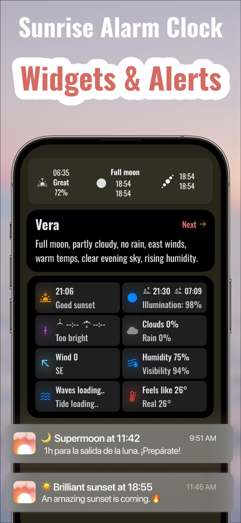 Sunset Prediction AI : Solora - Solora app interface featuring sunset and sunrise widgets with real-time notification alerts for supermoons and brilliant sunsets on an iPhone screen