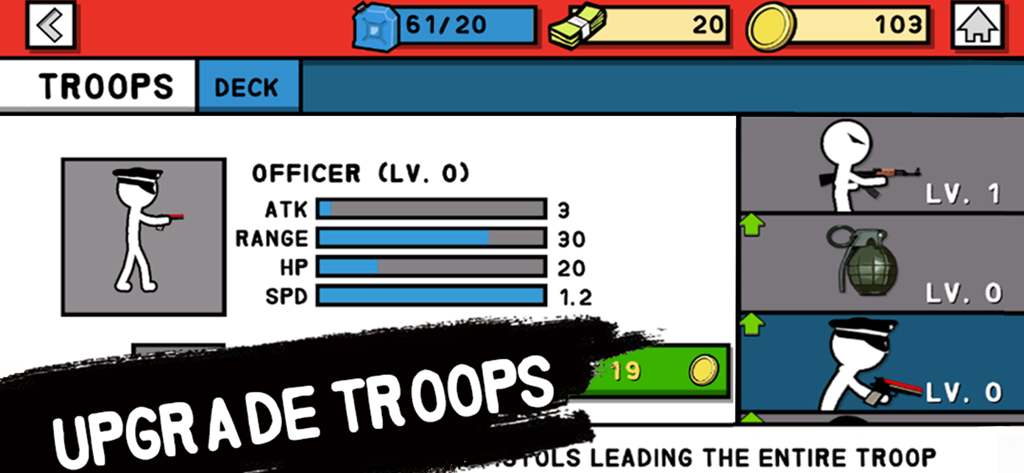 Stickman Army: World War Fight - Stickman Army World War Fight troop upgrade menu showing officer unit stats