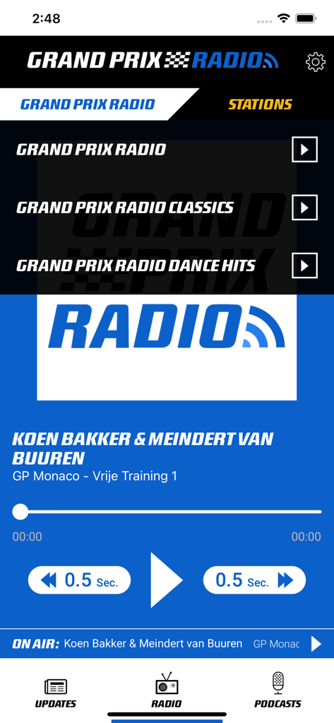 Mobile app interface for Grand Prix Radio with live racing audio player and station selection.