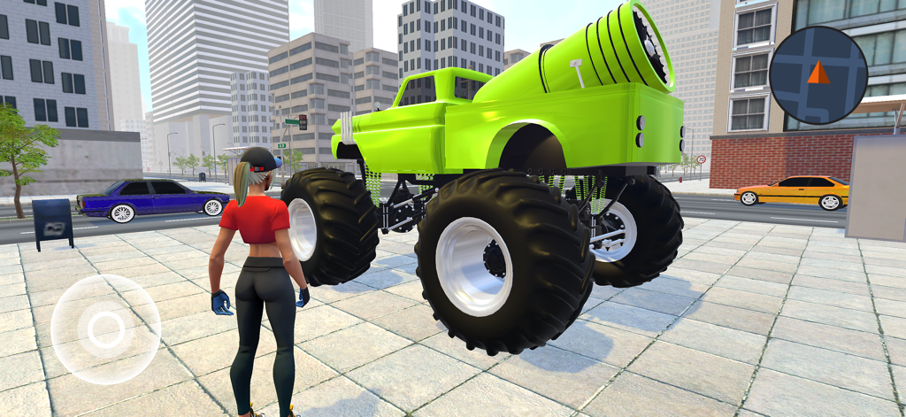 Driving School 3D - Eine Figur steht neben einem individuell gestalteten, lindgrünen Monstertruck im Freifahrt-Modus der Stadt