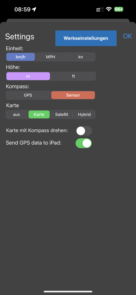 Settings screen of the GPS Speedometer app showing configuration options for speed units and map displays.