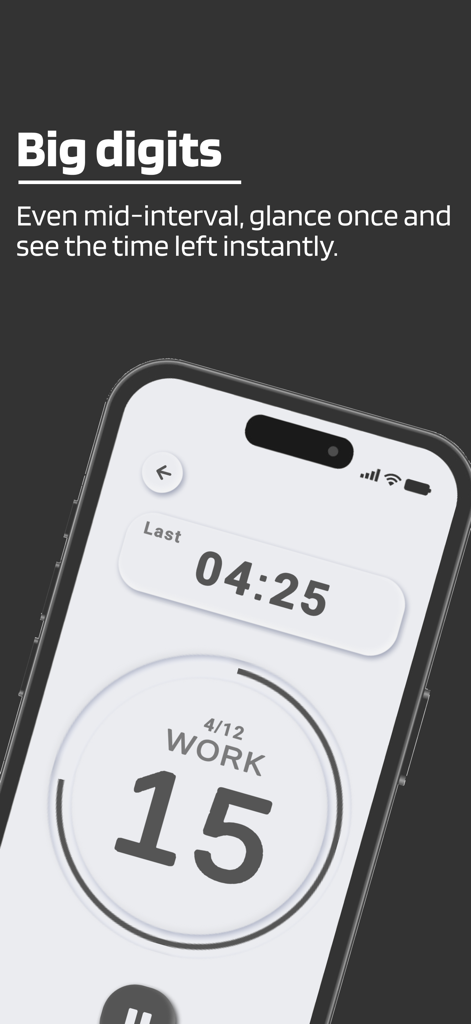 HIIT Timer app interface showing large countdown digits for a high intensity interval training session.