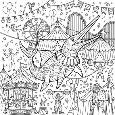 Prepare for an extraordinary coloring experience as a magnificent Eurhinosaurus takes center stage at a bustling carnival. This intricate design is brimming with circus tents, thrilling rides, and captivating performers, all awaiting your artistic flair.
