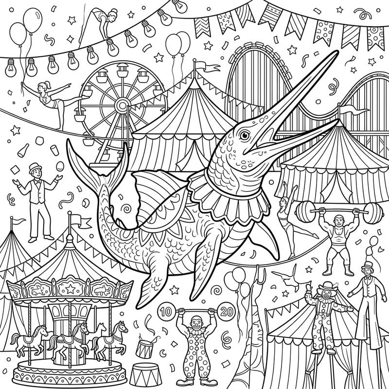 Prepare for an extraordinary coloring experience as a magnificent Eurhinosaurus takes center stage at a bustling carnival. This intricate design is brimming with circus tents, thrilling rides, and captivating performers, all awaiting your artistic flair.
