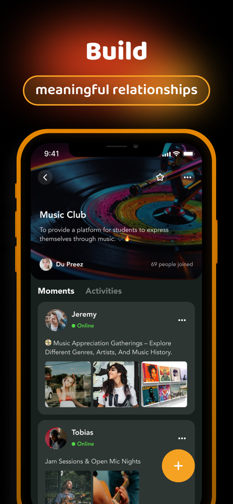 Mobile screen of Haven app showing a music club page with posts from students about music gatherings