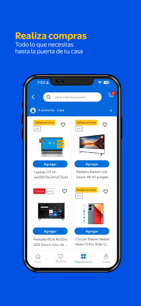 Walmart Centroamérica - Interfaz de la aplicación Walmart Centroamerica mostrando productos electrónicos como portátiles y televisores con descuentos en línea