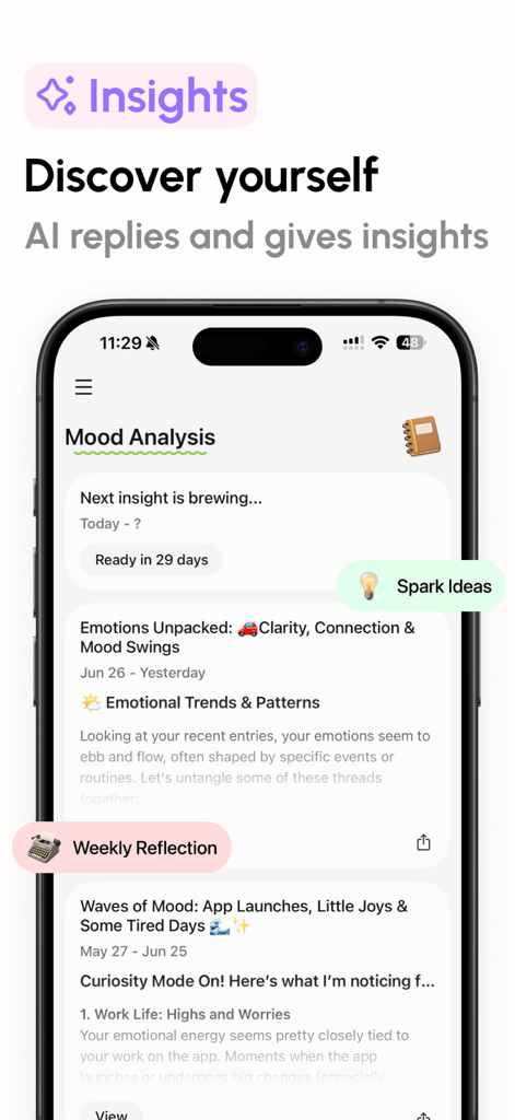 Sparky - Planner and Journal - A smartphone screen displaying AI-generated mood analysis and emotional insights within the Sparky journaling app.