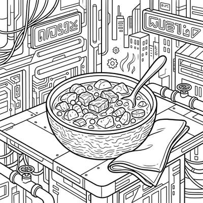Dive into a truly unique coloring experience with this 'Cyberpunk Beef Stew' design, blending hearty comfort food with a high-tech, futuristic world. Perfect for artists seeking an unconventional and detailed canvas to bring to life.