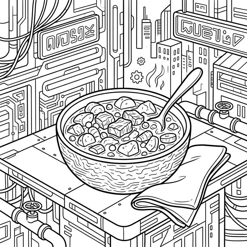 Dive into a truly unique coloring experience with this 'Cyberpunk Beef Stew' design, blending hearty comfort food with a high-tech, futuristic world. Perfect for artists seeking an unconventional and detailed canvas to bring to life.