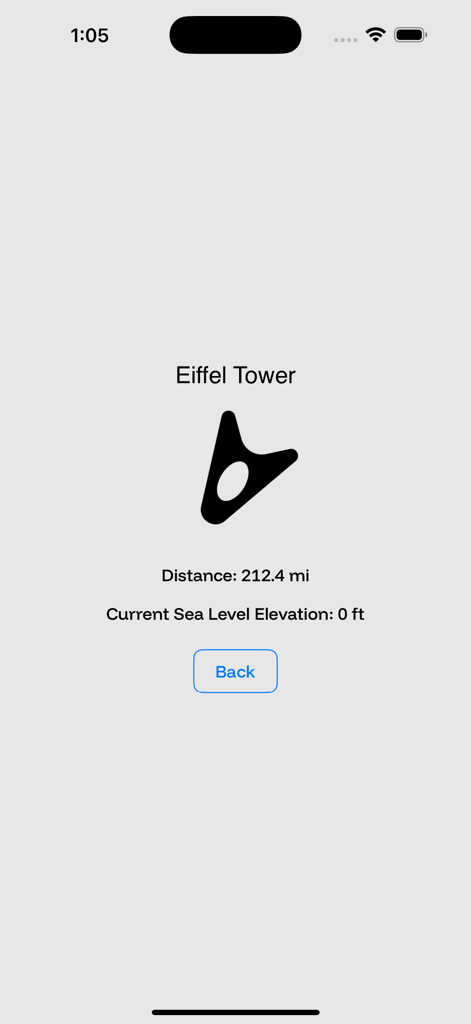 Offline GPS Tracker & Compass - Pantalla de navegación GPS sin conexión que muestra la distancia y la dirección a la Torre Eiffel.