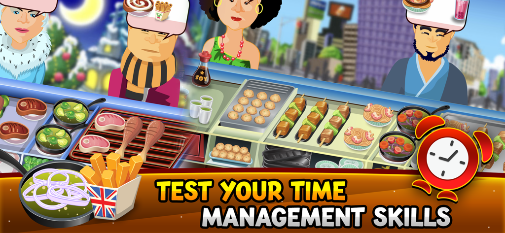 Captura de pantalla del juego que muestra varios artículos de comida preparándose para clientes con un banner de pon a prueba tus habilidades de gestión del tiempo