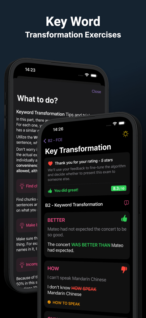 Use of English AI - Keyword Transformation exercises with instant AI feedback for Cambridge B2 FCE exam preparation.