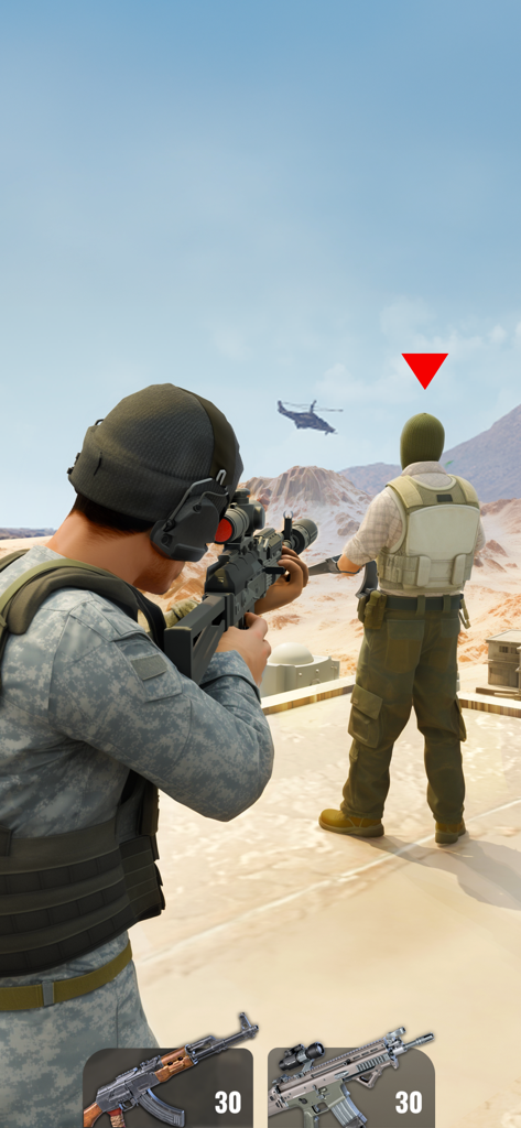 Shoot Out: Shooting Simulator - Un soldado apuntando un rifle a un enemigo en un entorno desértico