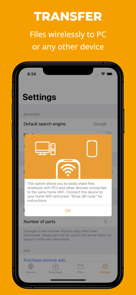 Interfaz de la app fGet mostrando la función de transferencia de archivos inalámbrica a PC u otros dispositivos por WiFi