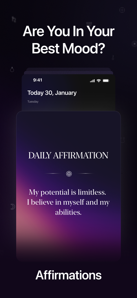 My Human Design App - SACRAL - Pantalla de afirmaciones diarias en la App SACRAL con una cita motivacional sobre el potencial ilimitado.