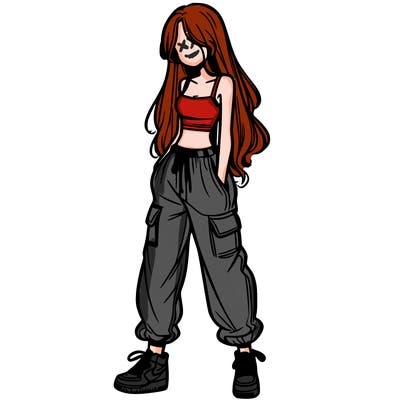 girl in baggy pants crop top and long hair