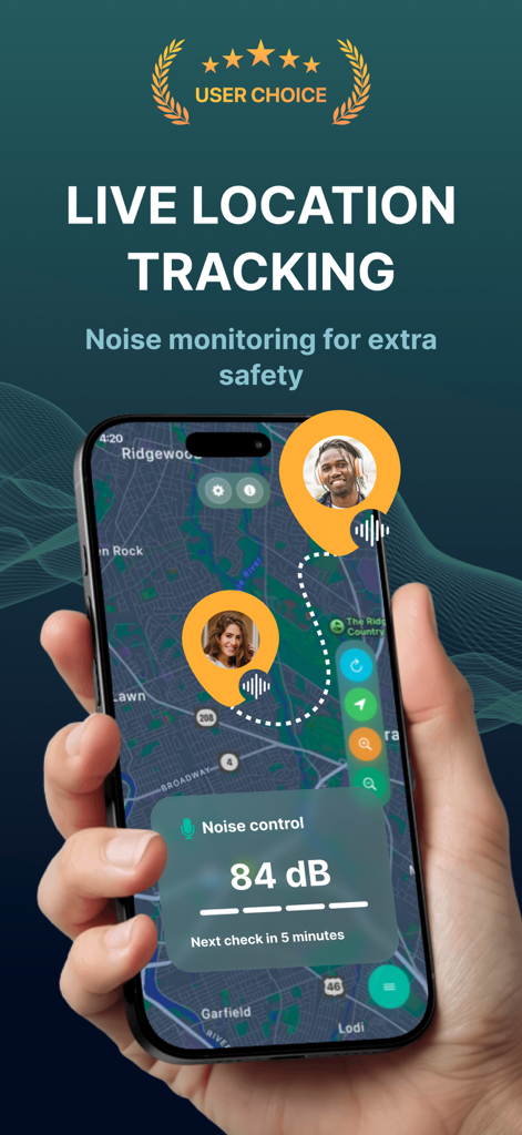 Location Phone Tracker: Ambii - Ambii app interface showing live location tracking on a map with a noise control widget displaying 84 decibels