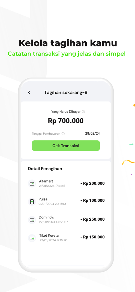 Credinex app interface showing bill management with transaction history and total amount due