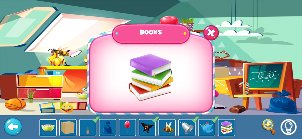 Educational hidden object game screen showing a stack of colorful books with vocabulary text