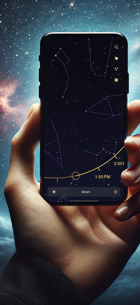 A smartphone displaying the PlanetFinder Pro app with constellations and celestial navigation paths against a starry sky