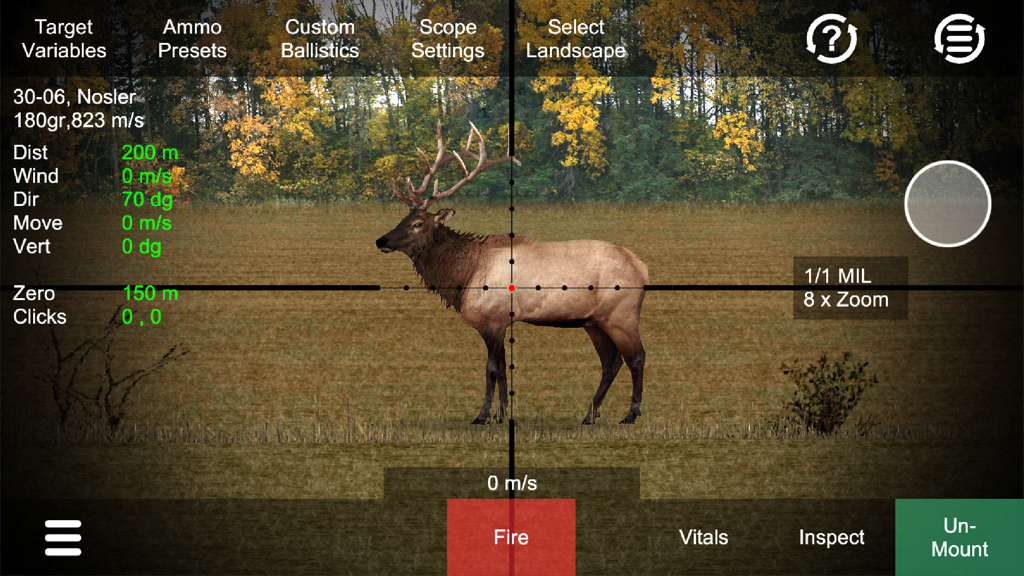 Hunting Simulator - Technical rifle scope view of an elk with ballistic data and shooting variables
