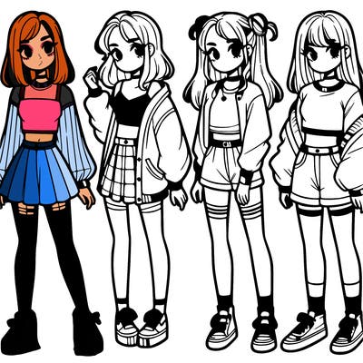 one girl with crop-top shirt and a jacket with a skirt, long socks and another girl with a shirt and pants with a jacket