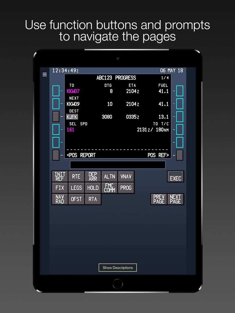 787 FMC - Interactive 787 FMC app interface on an iPad showing flight progress data and navigation buttons