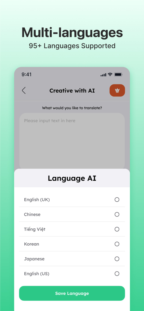 Captura de pantalla de la aplicación Escritor IA mostrando la pantalla de selección de varios idiomas con más de 95 idiomas compatibles para la generación y traducción de contenido de IA.