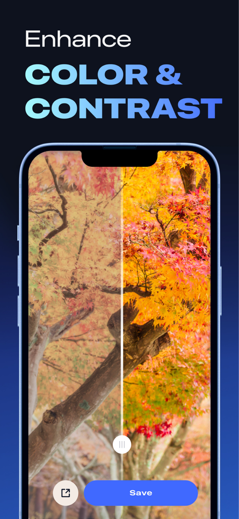 Clear Picture: Photo Enhancer - Before and after comparison of a landscape photo showing color and contrast enhancement in the Clear Picture app interface.